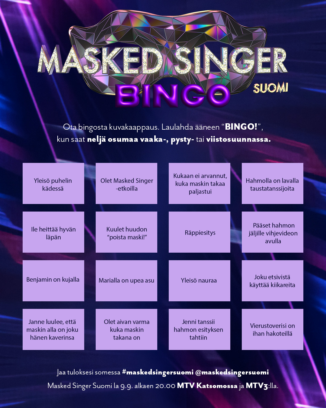 Masked Singer Suomi ohjelman katselun yhteydessä täytettävä bingolappu, jota jaettiin sosiaalisessa mediassa.
